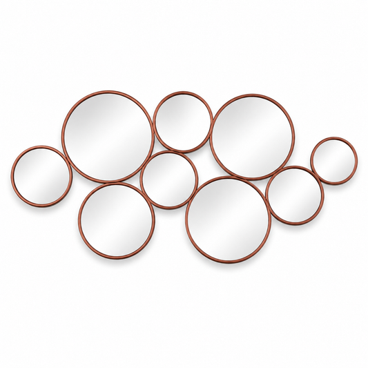 Wall mirror set 9 circles copper metal frame