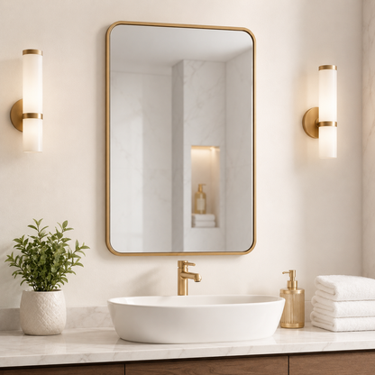 Wall mirror rectangular rounded corners gold metal frame